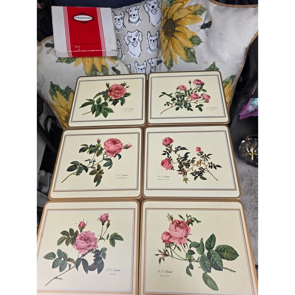 Vintage Pimpernel Redouté Roses Cork Back Placemats Set of 6 with Original Box